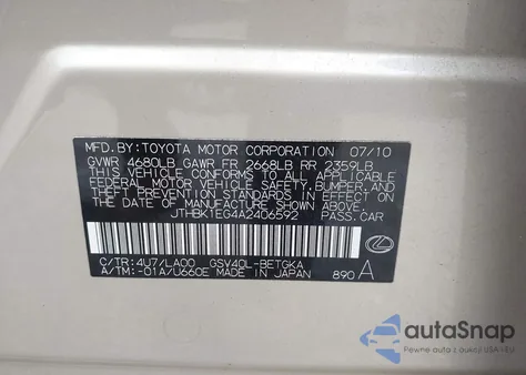 2010 Lexus Es 350 из США, поврежденный, VIN JTHBK1EG4A2406592